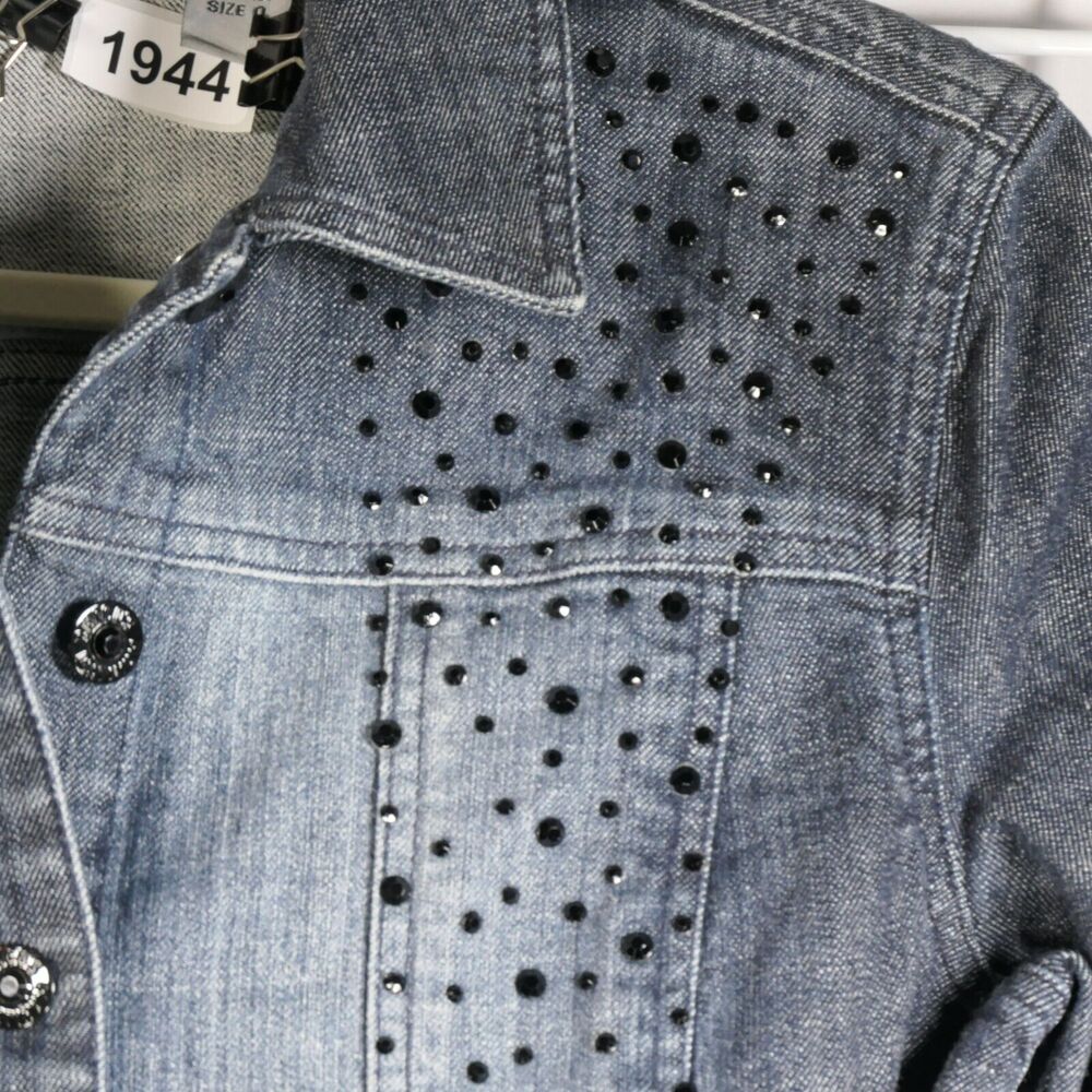 Chico's Platinum Distressed Denim Jacket Womens M Blue Embellished Rhinestones - Picture 6 of 9